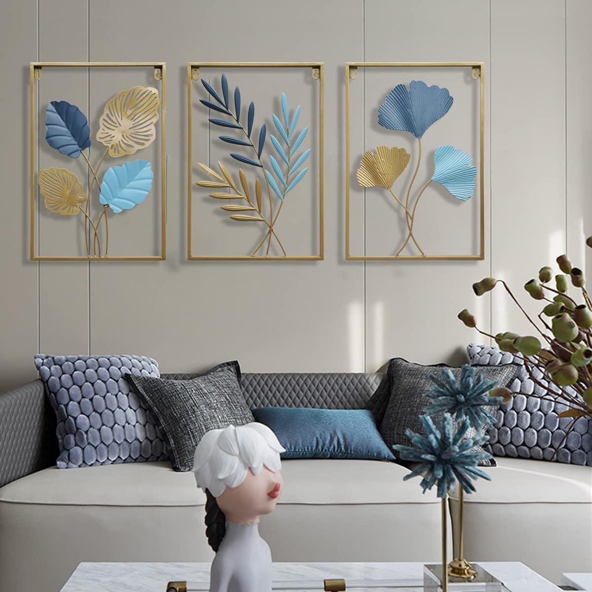 MKUN Iron Wall Sculptures - Large Set of 3 rectanglar Metal Wall Decor with Ginkgo Biloba Art Great for Home Hotel Decoration (Gold Blue)