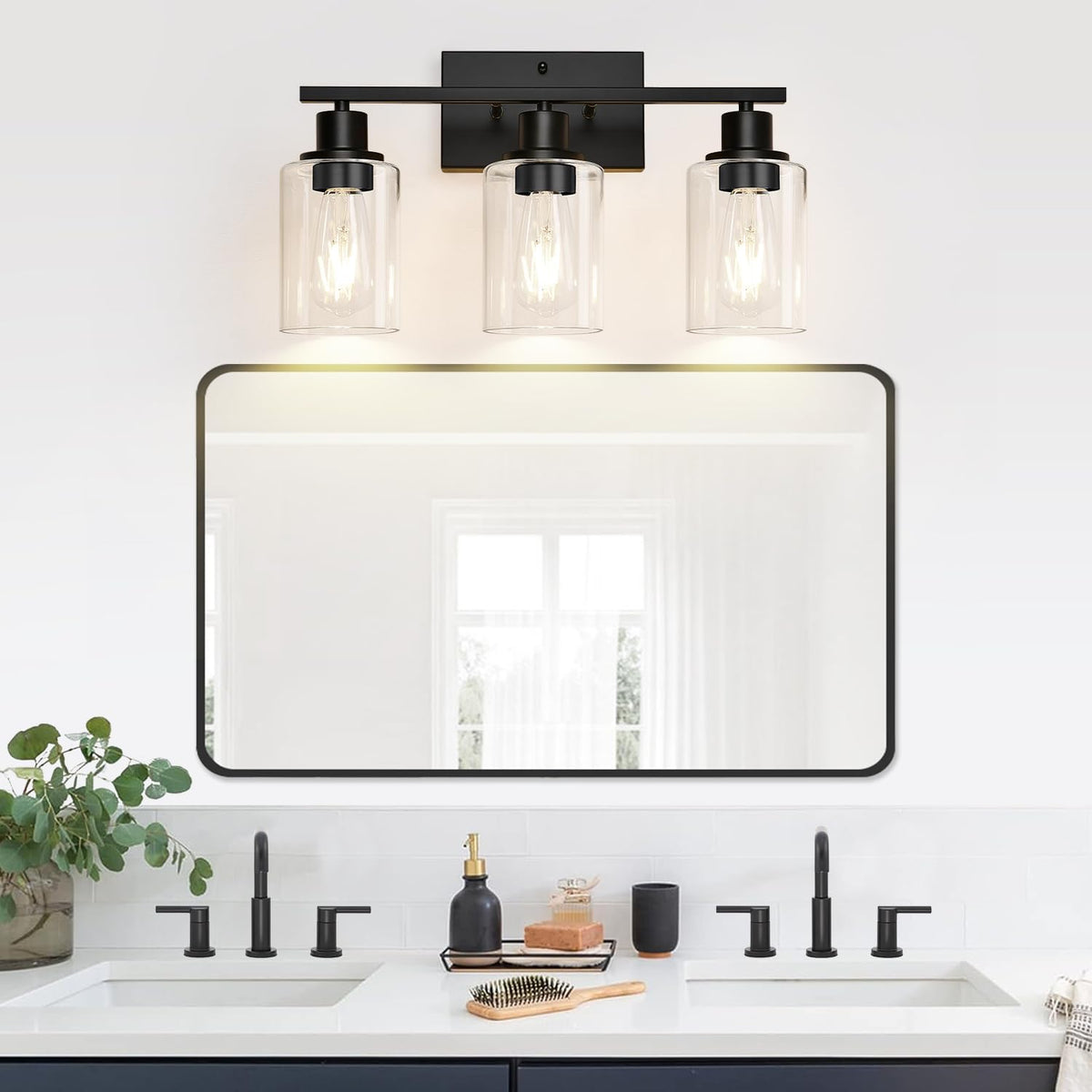 3 Light Bathroom Light Fixtures, Matte Black Modern Vanity Lights with Clear Glass Shade, Bathroom Wall Lamp for Mirror Kitchen Living Room Hallway Cabinet Porch