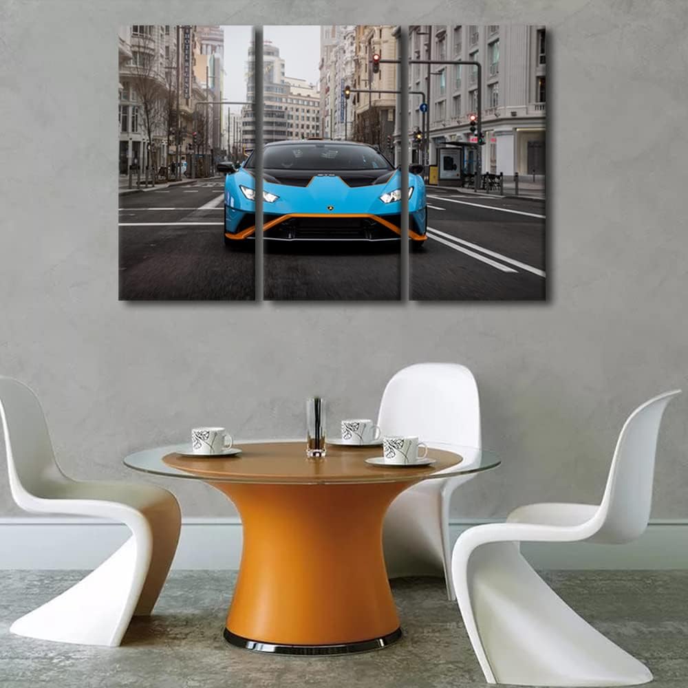 Canvas Wall Art for Bedroom Super Car Wall Art for Living Room Car Poster Decor Wall Art 3 Panels Blue Sports Car on the Street Modern Artwork for Home Walls Giclee Framed Ready to Hang 42"Wx28"H