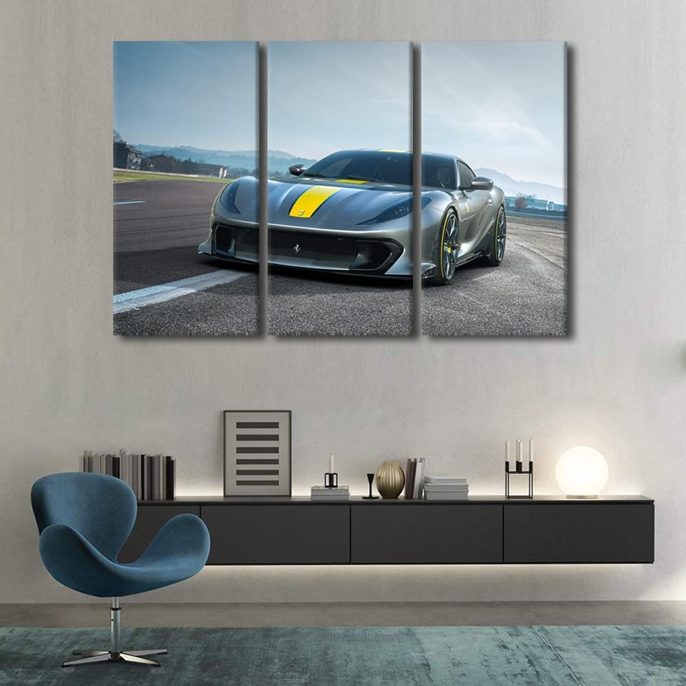 TUMOVO Car Canvas Wall Art for Living Room Home Decor Gray Sports Car Poster Prints on Canvas Supercar Wall Decorations for Men Boys Bedroom Décor Bathroom Office Framed Ready to Hang, 60" Wx40 H
