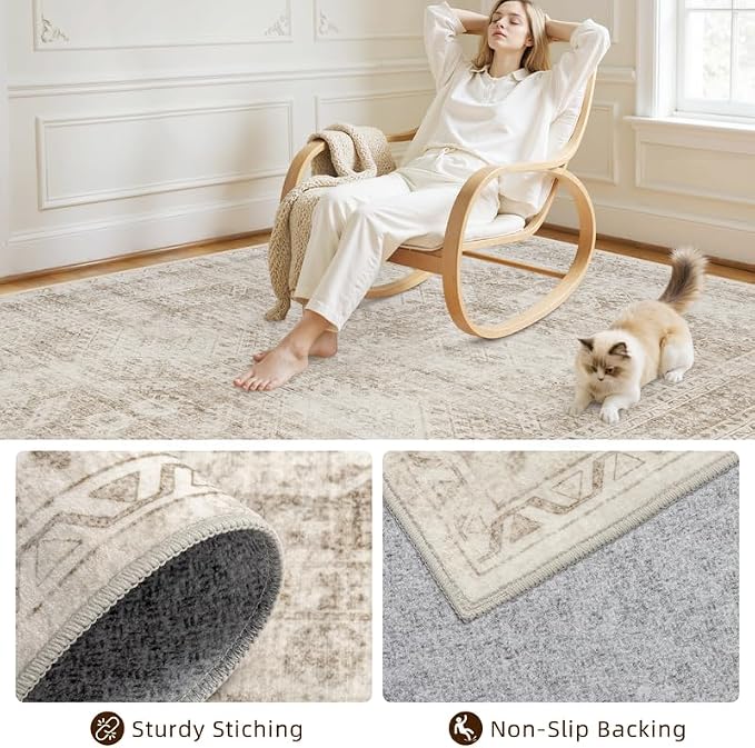 10x12 Area Rugs Living Room: Bedroom Neutral Washable Carpet Brown | Vintage - Image 4