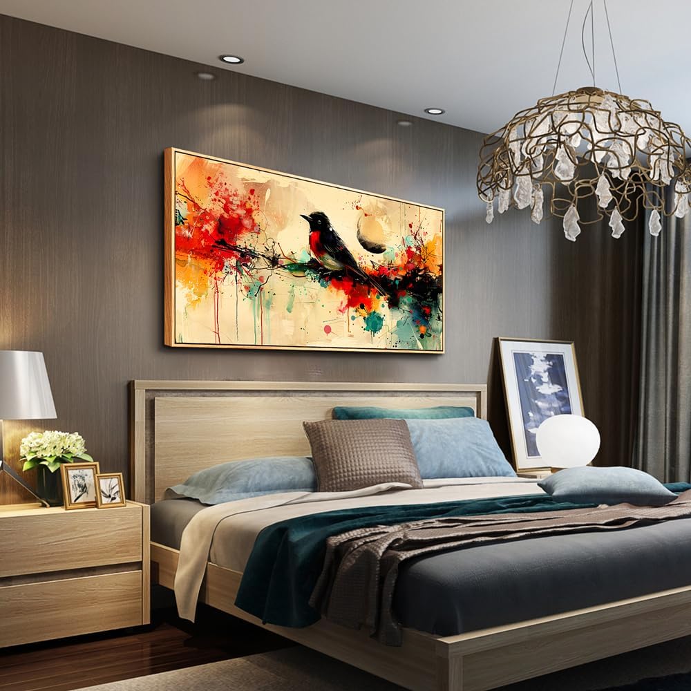 hyidecorart Wood Framed Wall Art For Living Room Wall Decor For Bedroom Office Home Wall Decor Pictures Posters Artwork Abstract Watercolor Bird Painting Hotel Canvas Art Modern Room Decoration