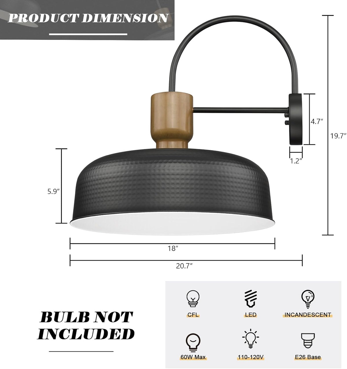 Outdoor Barn Light Gooseneck Barn Light, Farmhouse Exterior Wall Mount Light Vintage Wall Lighting Fixture Industrial Sconce Lantern for Porch, Entryway, Garage, Black, 2 Pack, Large