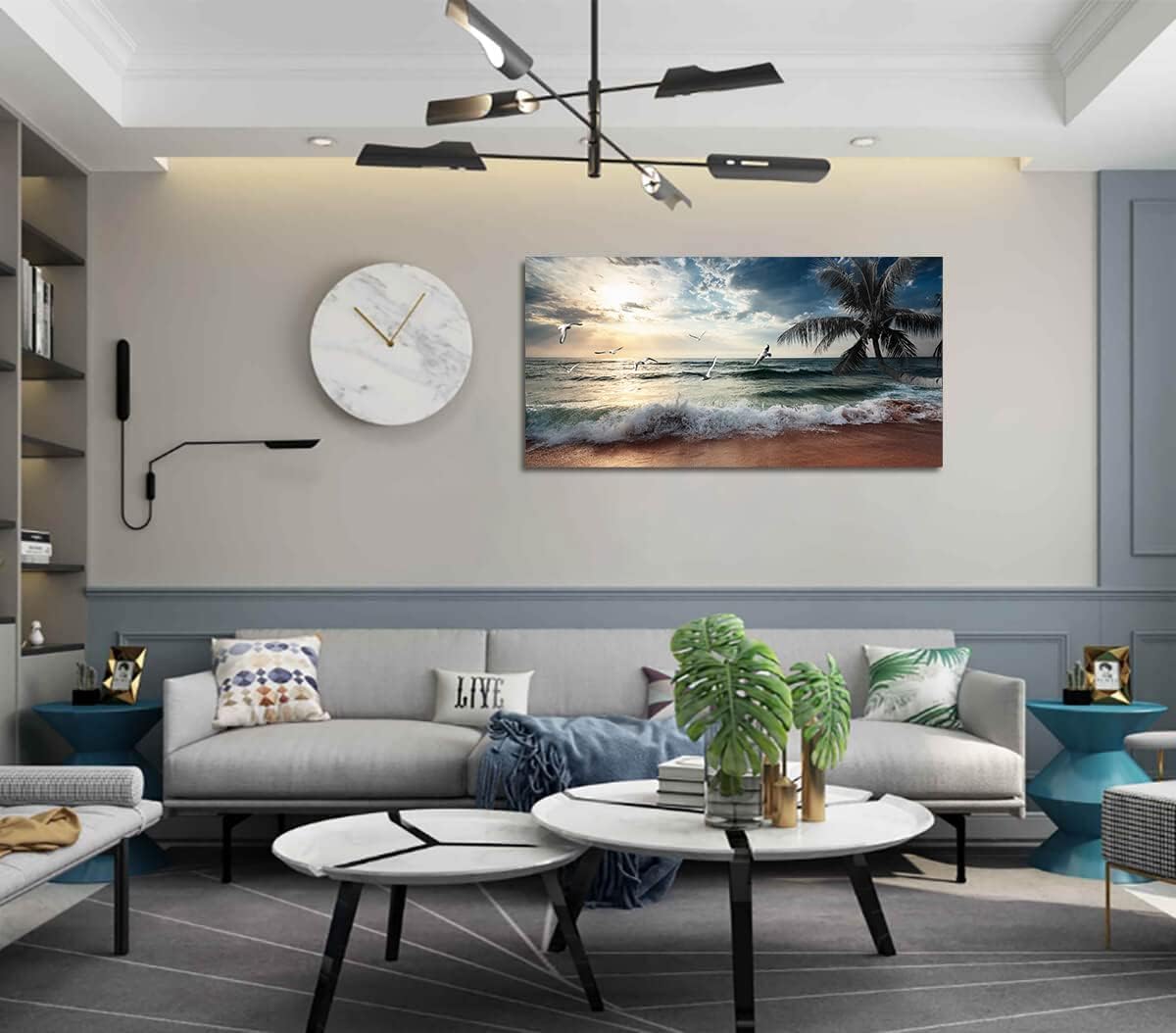 Yxbhhym Large Beach Ocean Canvas Wall Art Coast Sunset Sea Paintings Poster Seascape Picture Palm Artwork for Living Room Bedroom Home Decorations Wall Room Decor Modern Framed 24x48inches