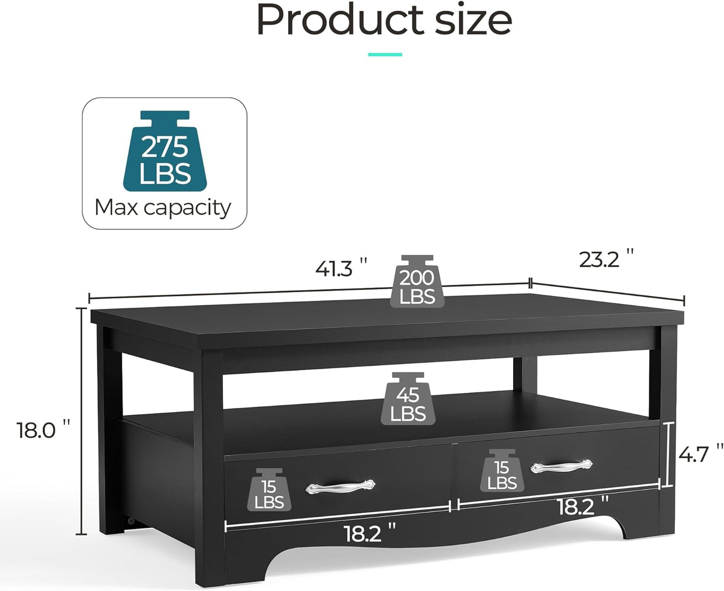 LINSY HOME Farmhouse Coffee Table with Storage, Wood Coffee Table for Living Room, Open Display Area and Storage Drawers with Metal Handles, Chic Style with Curved Base, Black