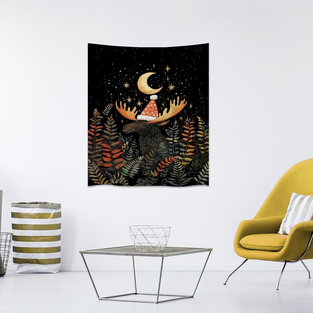 Cute Moose Tapestry Winter Christmas Aesthetic Wall Hanging Decor Funny Animal Lover Gift Whimsical Christmas Tapestries for Nursery Kids Bedroom Home Living Room Decoration 40x60inch