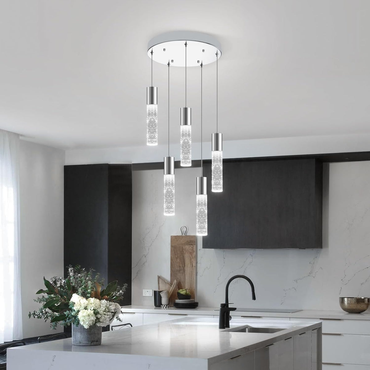 OKELI 5-Light Pendants Light for Kitchen Island Dining Room, 6000K Bubble Crystal Modern LED Kitchen Hanging Lights, 30W Chrome Pendant Lighting Fixture, Round