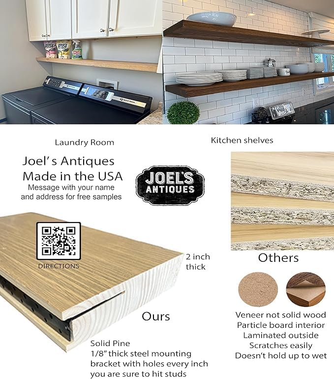 joelsantiques - 18 Inch Wooden Floating Shelves for Wall - 18x6x2 in - Made of Natural Wood - Short Heavy Duty Rustic Wall Shelves for Bedroom - Perfect for Bathroom, Kitchen - Natural