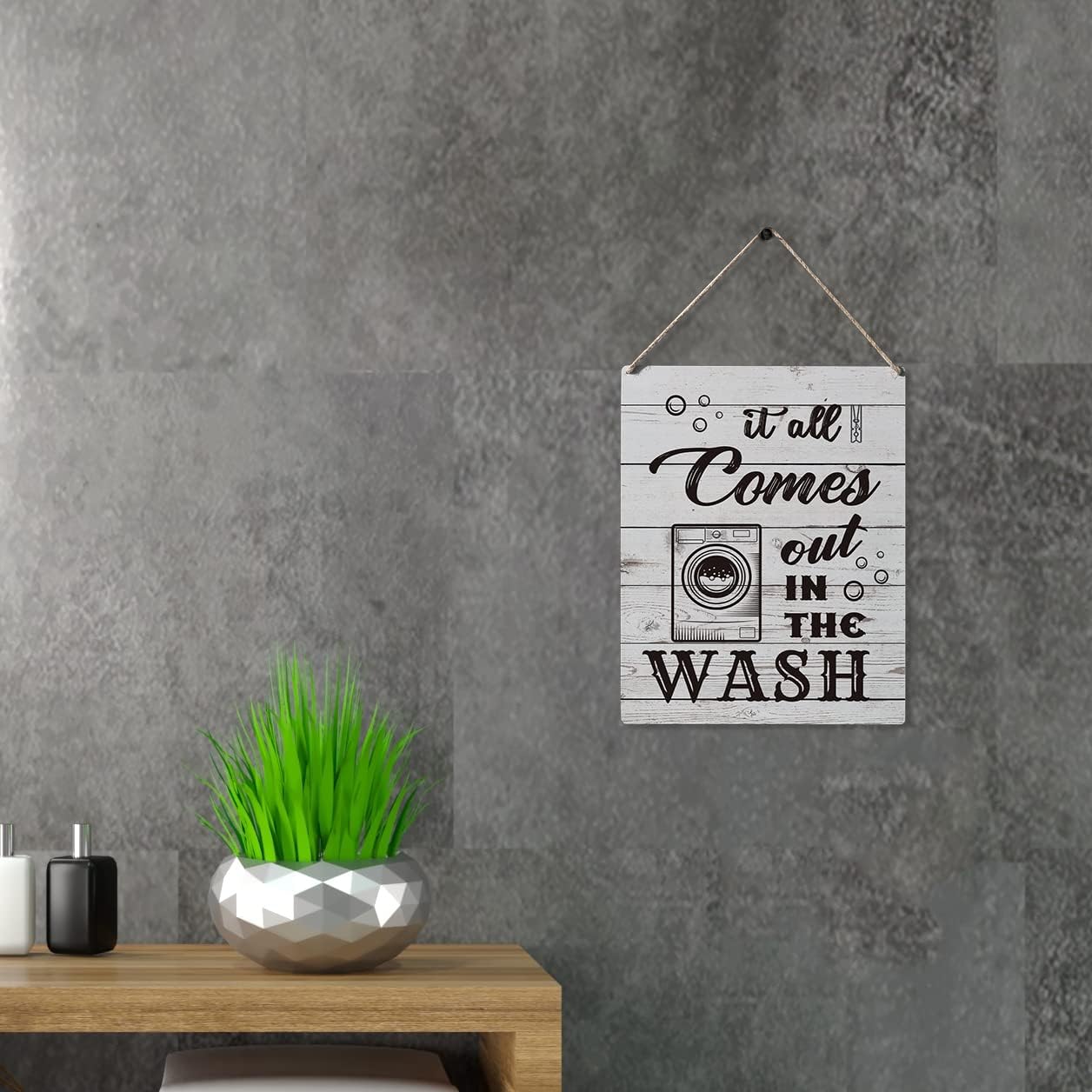 Qious Laundry Sign Gift Farmhouse It All Comes Out in the Wash Wooden Hanging Sign Plaque Rustic Wall Art Decor for Home Laundry Decoration 10 x 8 Inches