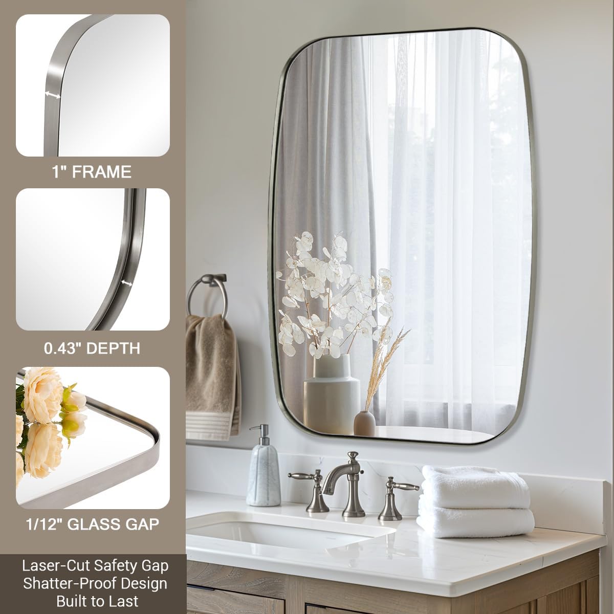 ANDY STAR Brushed Nickel Oblong Mirror, 36x48 Inch Brushed Nickel Oval Mirror for Bathroom with Stainless Steel Metal Frame, Wall Mouned for Bathroom, Living Room, Entryway