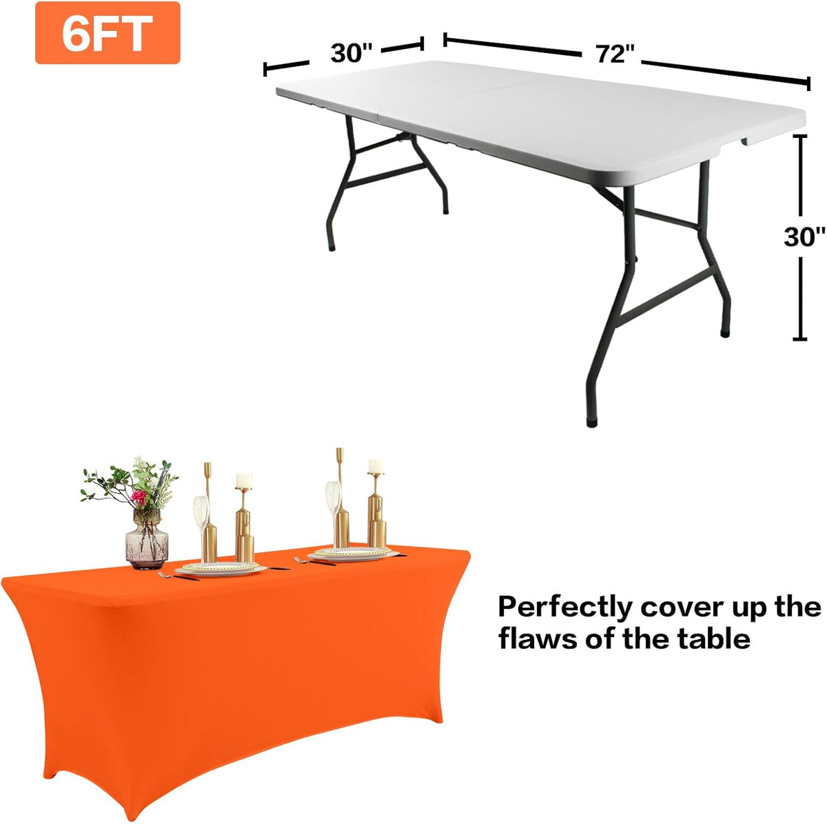 IVAPUPU 8FT Table Cloth for Rectangular Fitted Events Stretch Orange Table Covers Washable Cover Spandex Tablecloth Protector for Party, Wedding, Cocktail, Banquet, Festival