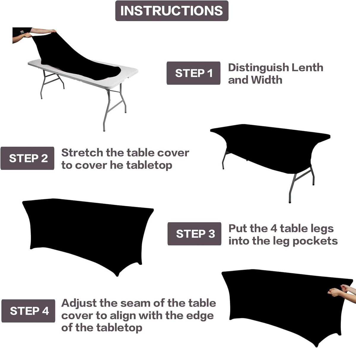 IVAPUPU 2 Pack 4FT Table Cloth for Rectangular Fitted Events Stretch Black Table Covers Washable Spandex Spring Tablecloth Protector for Party, Wedding, Cocktail, Banquet, Festival