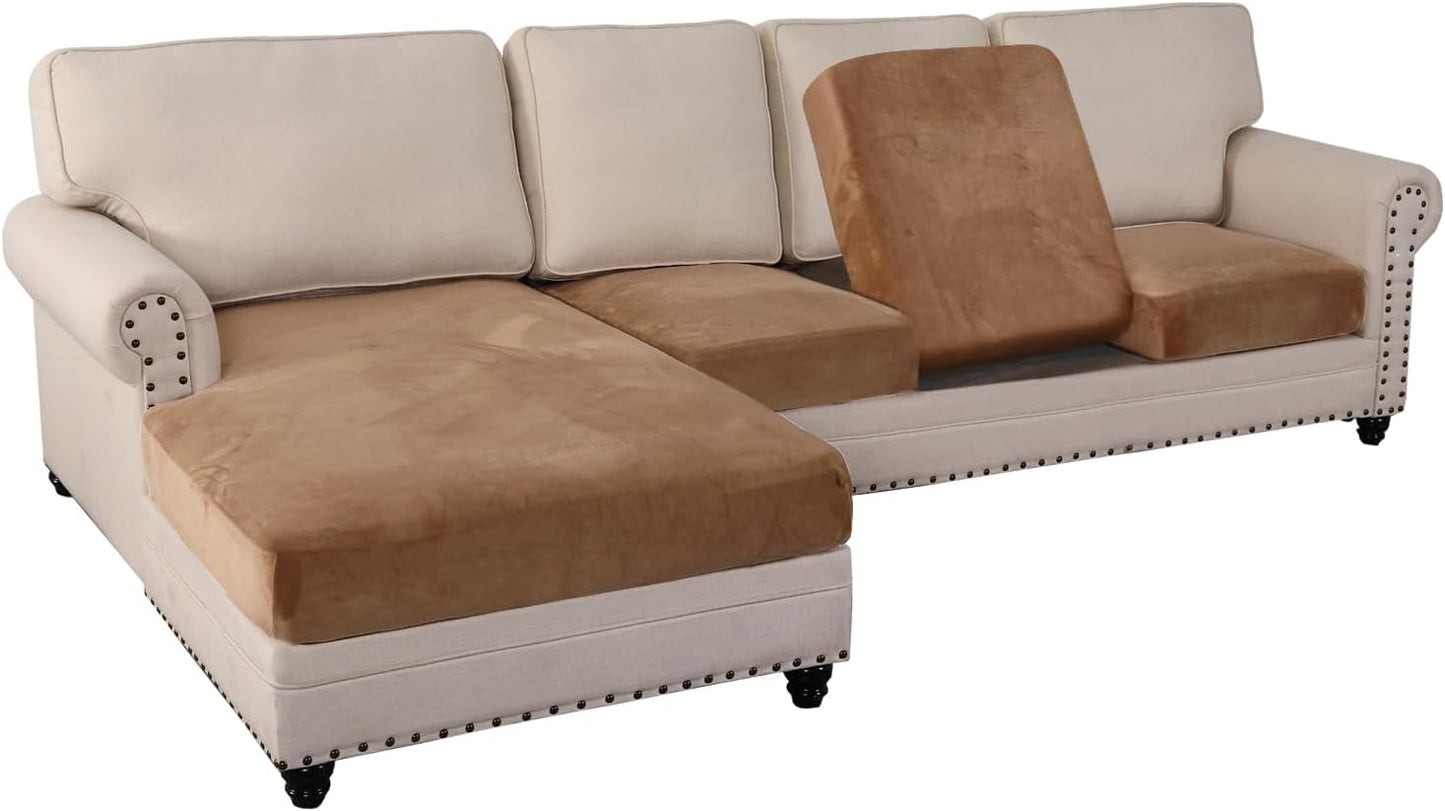 PrinceDeco Sectional Couch Covers 4 Pieces Couch Covers for Sofa Velvet Separate Couch Cover L Shape for Left/Right Chaise(3 Seater + 1 Chaise,Camel)