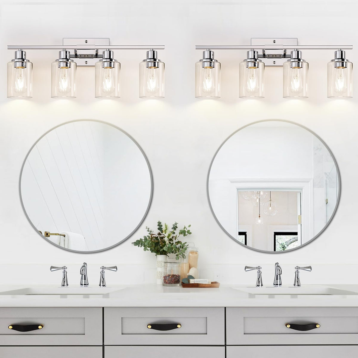 4 Light Bathroom Light Fixtures, Chrome Vanity Lights with Clear Glass Shades, Modern Bathroom Light Fixtures Over Mirror, Modern Bathroom Wall Lamp for Mirror Living Room Cabinet