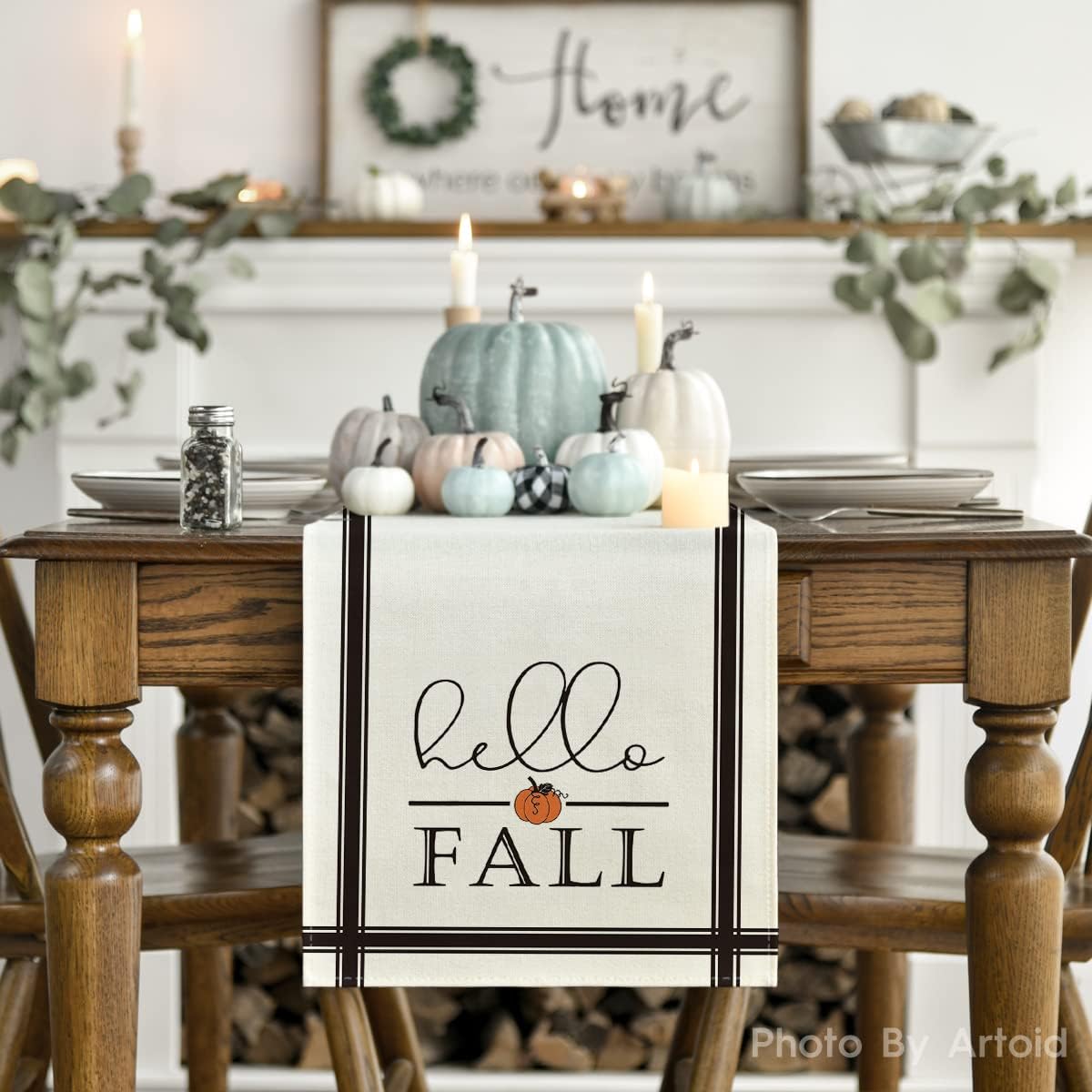 Artoid Mode Hello Fall Pumpkin Table Runner, Seasonal Harvest Vintage Thanksgiving Kitchen Dining Table Decoration for Indoor Outdoor Home Party Decor 13 x 90 Inch