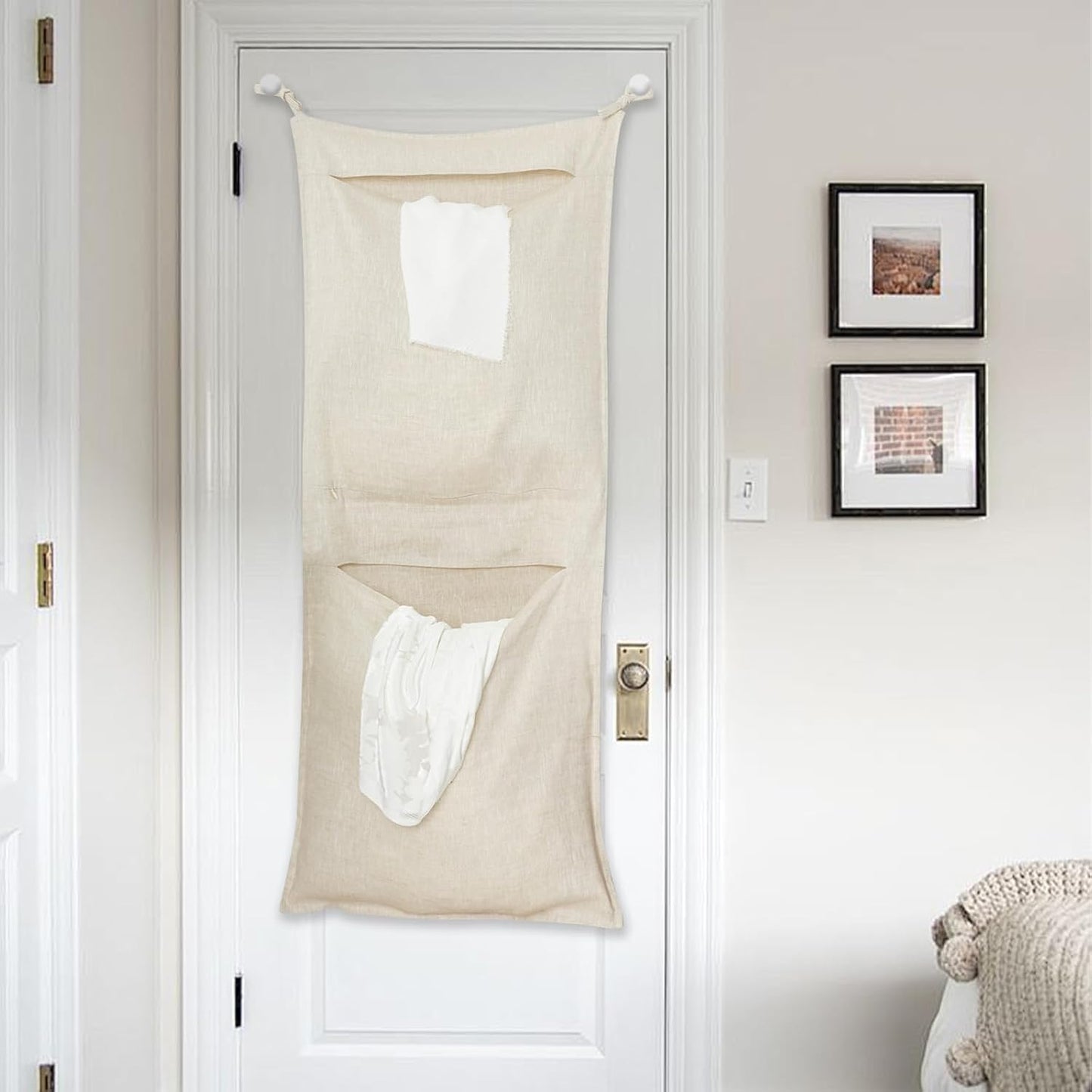 100% Linen Hanging Laundry Bag with 2 Compartments, Over the Door Laundry Hamper, Dirty Clothes Space Saving Organizer 19.7 x 47 Inches, Linen