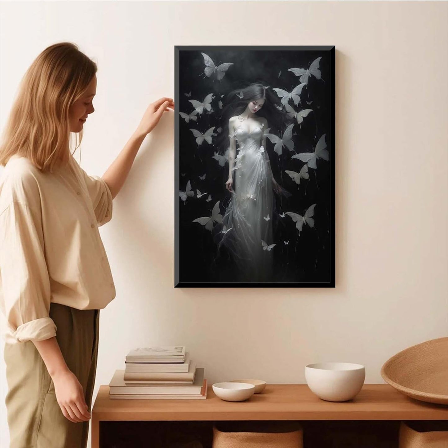 JFHCQJPK Vintage Gothic Feminine Canvas Wall Art Print Butterfly Poster Moody Female Wall Art Retro Artwork Dark College Decor for Home Bedroom16x24in Metal blackFramed
