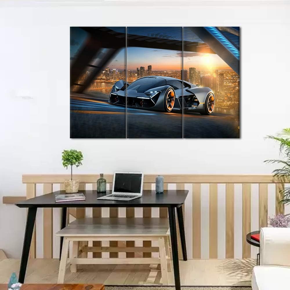 Bedroom Pictures Wall Decor Gloomy Landscape Painting Sports Car Artwork Giclee Multi Panel Print on Canvas Wall Art Modern House Decor Framed Gallery-Wrapped Ready to Hang - 12 x 24 inch x 3 Pieces