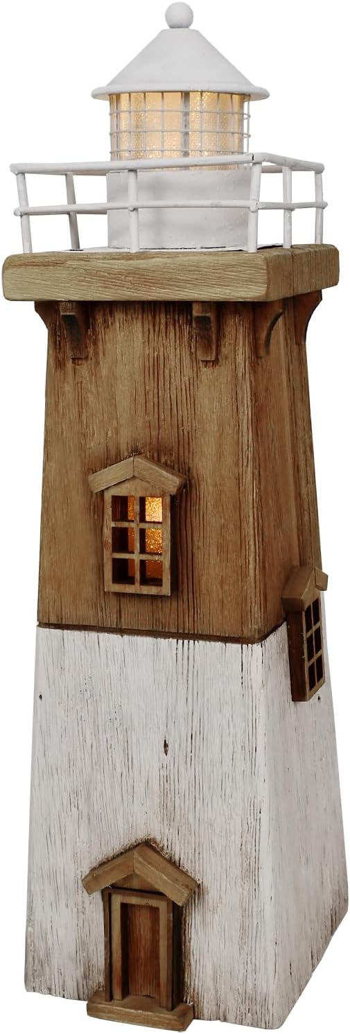 Linfevisi Wood Lighthouse Decor Rustic LED Light House Decor Wooden Decorative Nautical Lighthouse Statue Coastal Beach Themed Lighthouse Handcrafted Tabletop Decoration Home Bathroom (13.78")