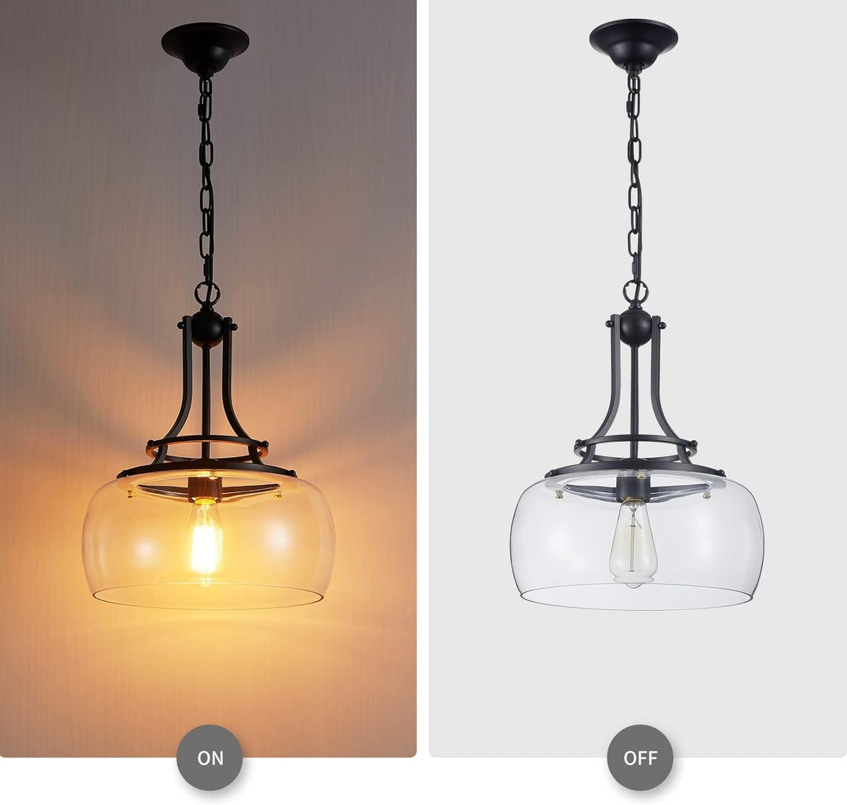 WUZUPS Chandelier Rustic Farmhouse Industrial Round Ceiling Pendant LED Light Fixture with Clear Glass Shades for Dining Room Kitchen Island Foyer Entryway, H 17" x W 13.4", E26 Base, Black