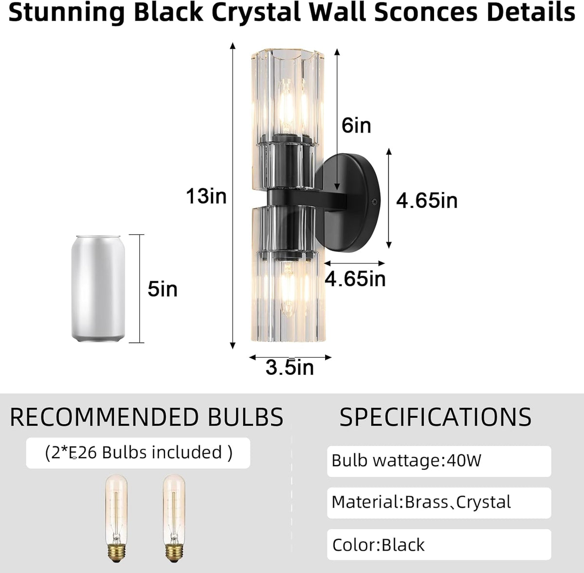 Black Crystal Wall Sconces Set of Two, Wall Sconce Set of 2, Black Sconces Wall Lighting with K9 Crystal Lampshade, Wall Lights for Bedroom Living Room Bathroom Hallway