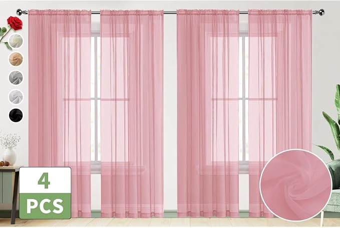 SpaceDresser Sheer Blush Curtains 4 Panels Rod Pocket Semi-Sheer Curtain 54 - Image 2