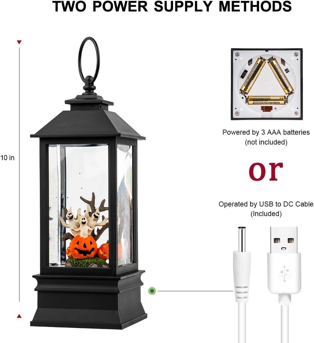 Halloween Snow Globe Lantern Water Glittering Spooky Ghosts in Pumpkins with Music, USB Lined/Battery Operated Lighted Lantern for Halloween Festival Decoration Gifts