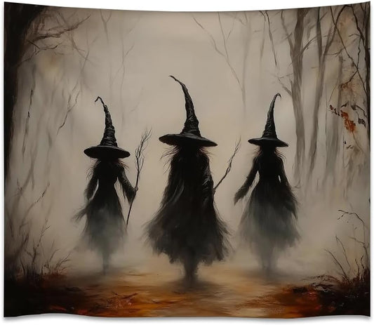 Witchy Halloween Tapestry Wall Hanging Vintage Spooky Witch Room Print Dark Academia Autumn Forest Three Witches Tapestries Decor for Halloween Living Room Bedroom Decoration 50x60inch