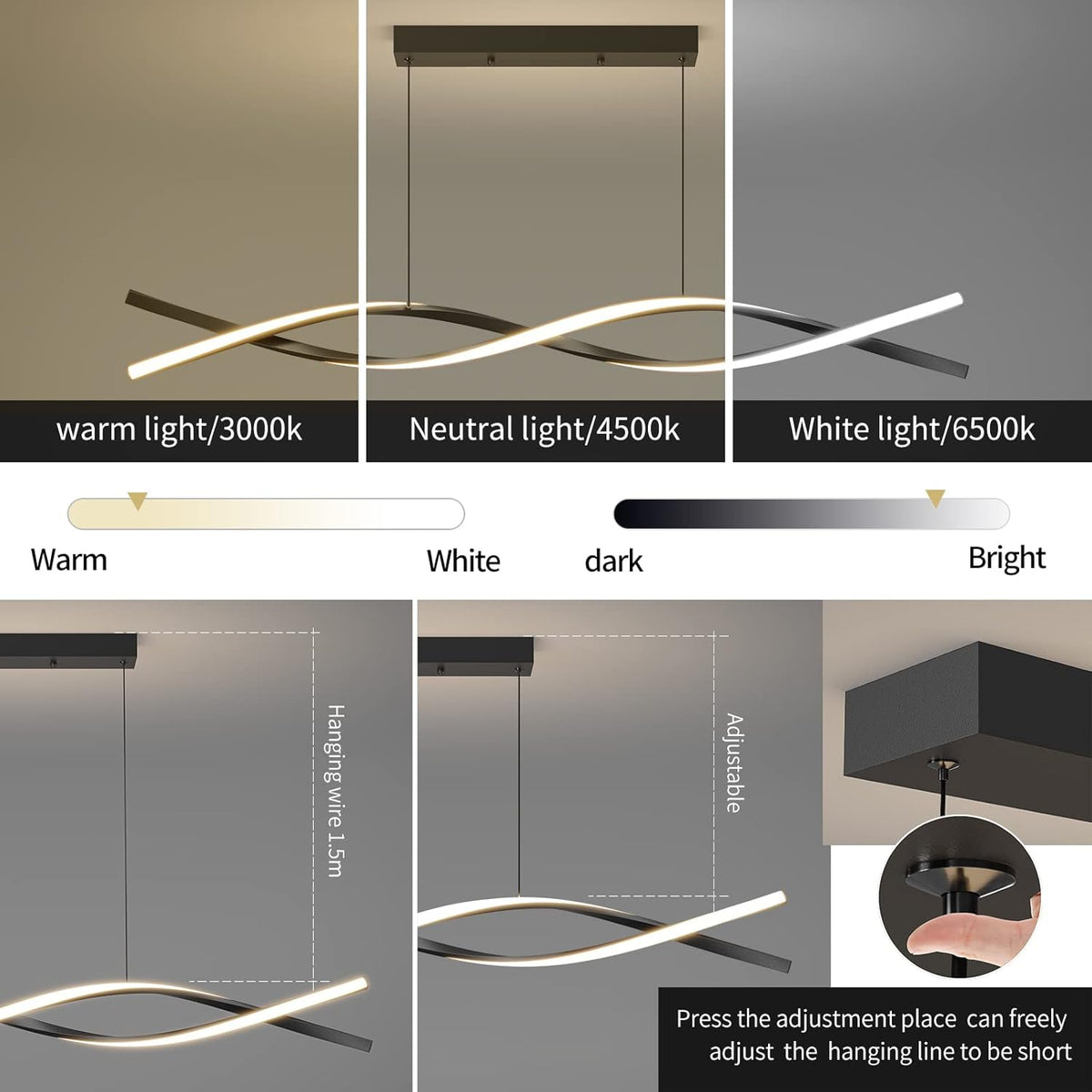Modern Ceiling Pendant Light, Dimmable LED Pendant Light, Dimmable 3 Color Mode Chandelier for Living Room, Dining Room, Kitchen, Bedroom,Bar(Black, 39IN)