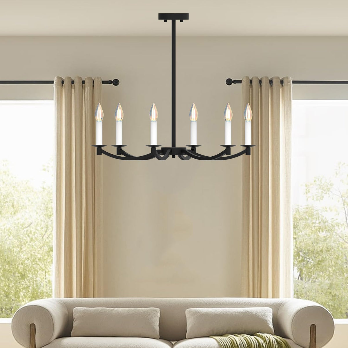 Modern Black Chandelier, Round LED Ceiling Hanging Lamp, Farmhouse Candle Pendant Light Fixtures for Bedroom Living Room Dining Room Kitchen Island (Black-A 6Lights)
