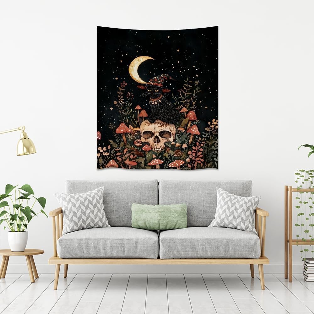 Halloween Witch Cat Tapestry Gothic Skull and Mushroom Artwork Print Spooky Halloween Witchy Wall Hanging Decor Black Cat Crescent Moon art Tapestries for Living Room Bedroom Decoration 40x60inch