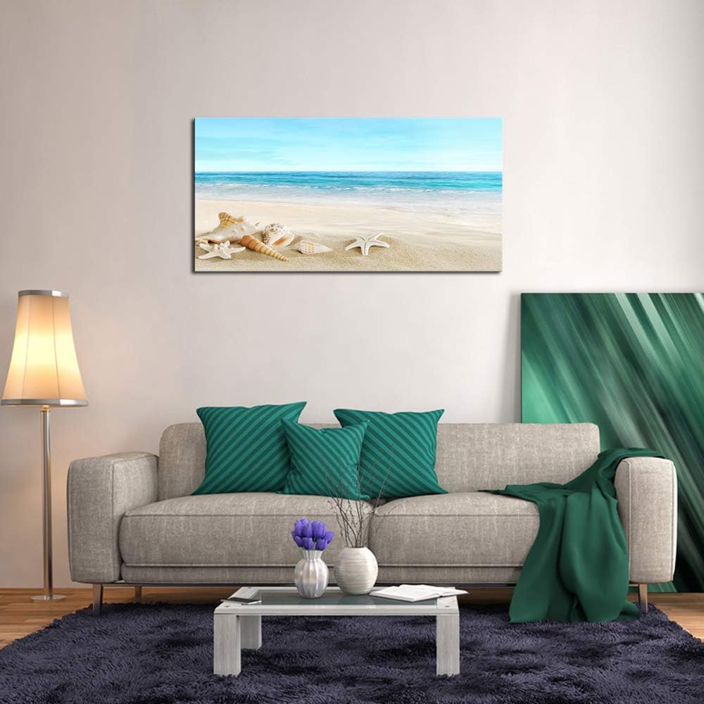 DZL Art S73950 Beach Picture Decor Ocean Painting Canvas Wall Art Prints of Starfish and Seashell on Sandy Seaside Ready to Hang for Living Room Bedroom Office Wall Decor Home Decoration