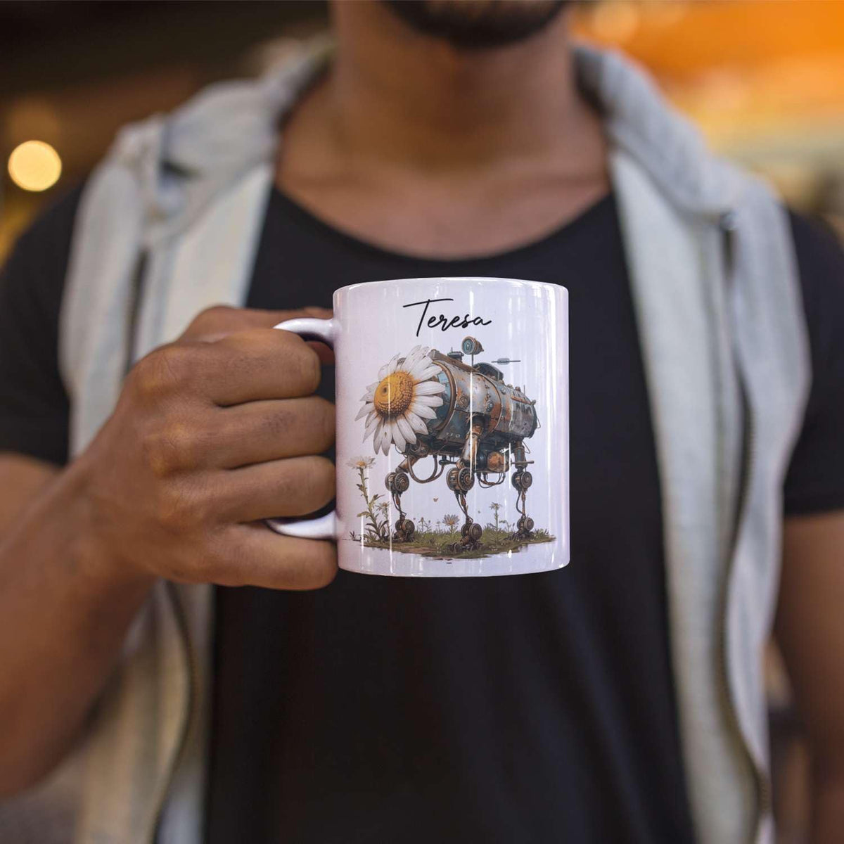 Customized Robotic Daisy Coffee Mug 11oz Or 15oz, Personalized Name On Mechanical Flower Mug, Novelty Ceramic Cup Gift For Tech Enthusiasts, Custom Nature Inspired White Mug