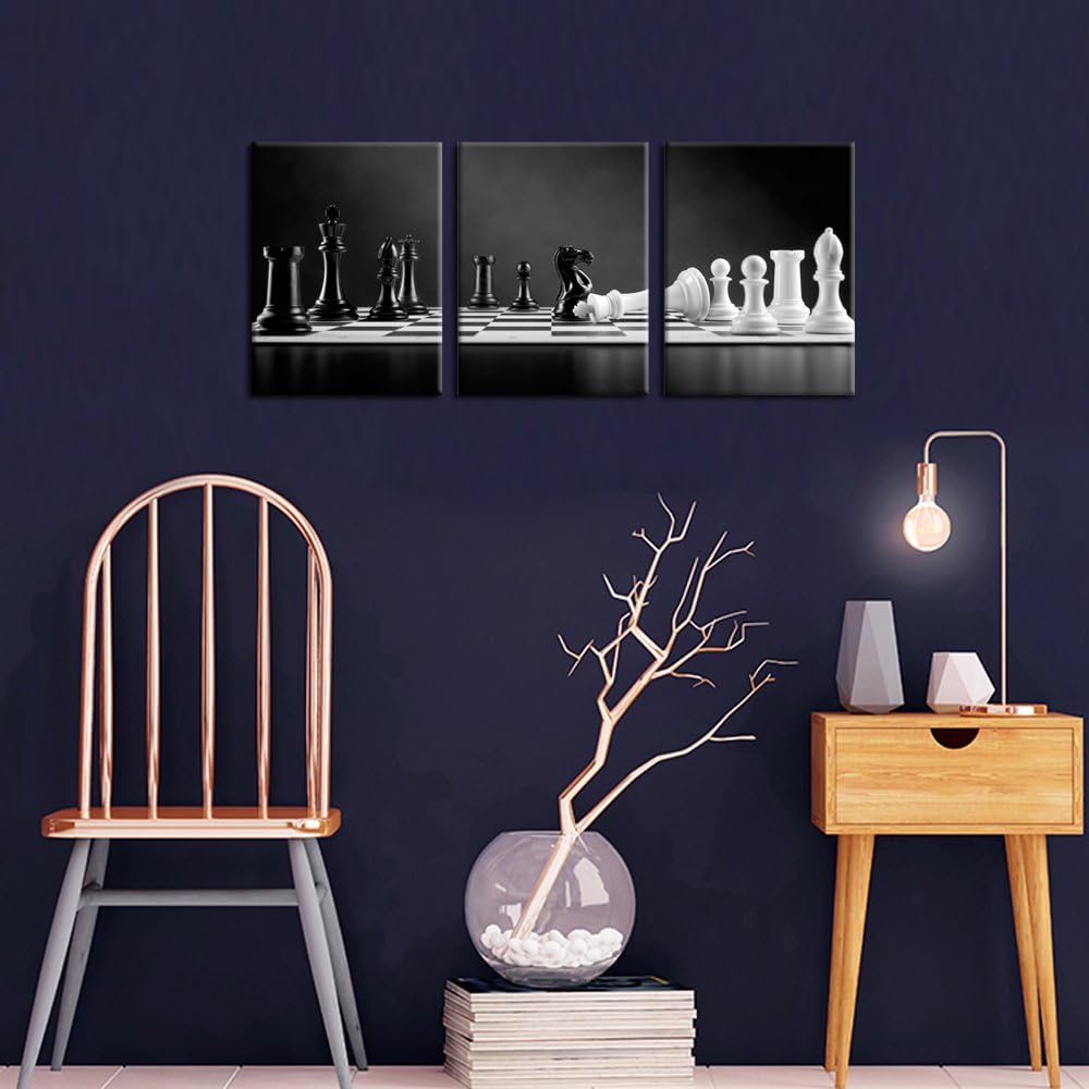 iKNOW FOTO 3 Panel Modern Black and White Chess Board Canvas Wall Art Poster Prints Checkmate Move on Chessboard Pictures Still Life Painting Framed Giclee Artwork for Office Decor 12x16inchx3pcs