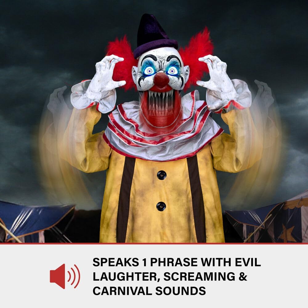 Haunted Hill Farm Motion-Activated Startling Arms Clown by Tekky, Talking Scare Prop Halloween Animatronic for Indoor or Covered Outdoor Creepy Halloween Decorations, Plug-in or Battery Operated