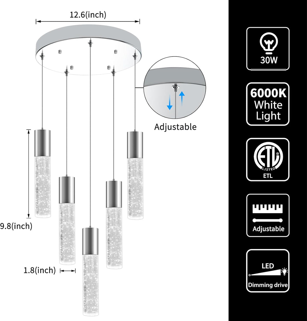 OKELI 5-Light Pendants Light for Kitchen Island Dining Room, 6000K Bubble Crystal Modern LED Kitchen Hanging Lights, 30W Chrome Pendant Lighting Fixture, Round