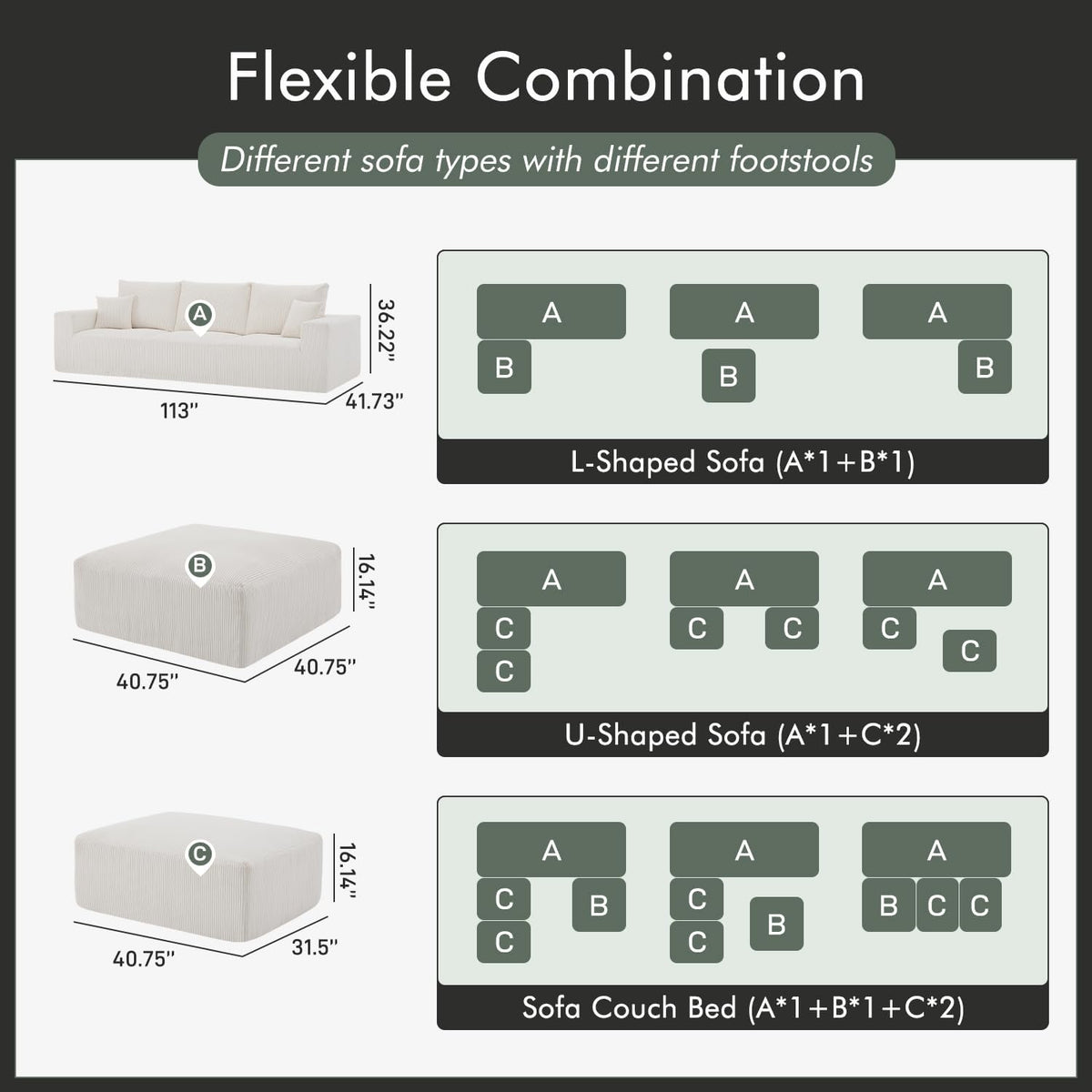 Boneless Sectional Cloud Couch Sofa Bed for Living Room, 112" Modular Modern Lounge 3 Seater Sleeper Beige Couches with Chaise, No Assemble, Cordury Compression Upholstered Sofas