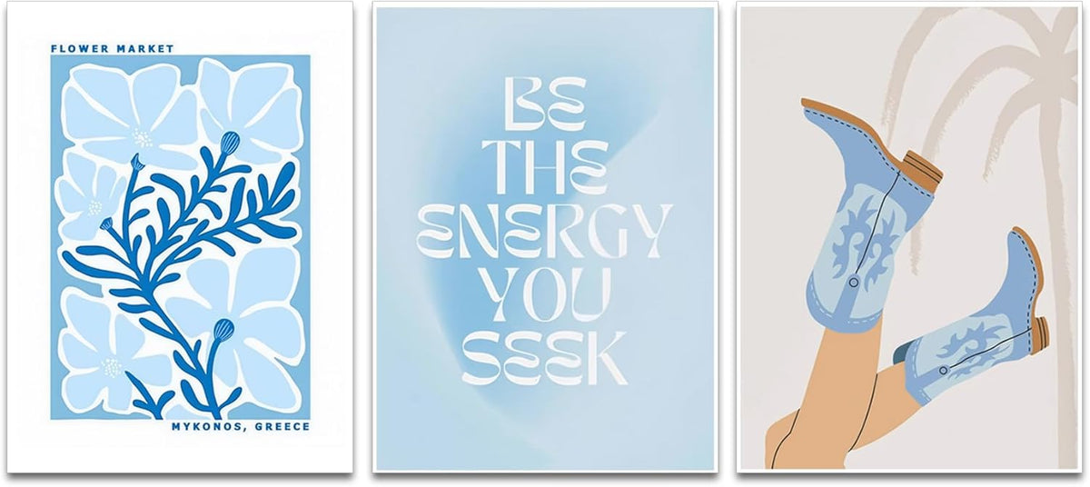 Blue Preppy Canvas Wall Art Posters Set of 3 Trendy Cowgirl Boots Home Decor Flower Market Painting Prints Coastal Aesthetic Picture for Girls Bedroom Bathroom Living Room Dorm 16x24Inch Unframed