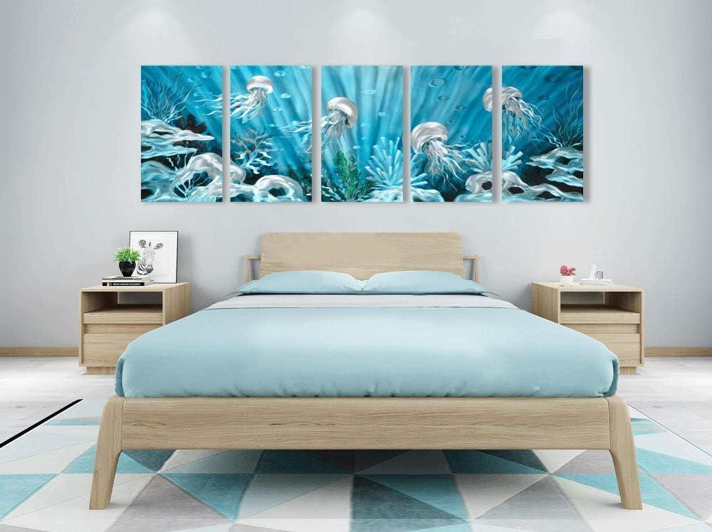 Yihui Arts Blue Deep Sea Metal Wall Art, Large Jellyfish Metal Artwork in Modern Ocean Design, 3D Wall Art for Modern and Contemporary Decor, 5-Panels, Metal Wall Decor