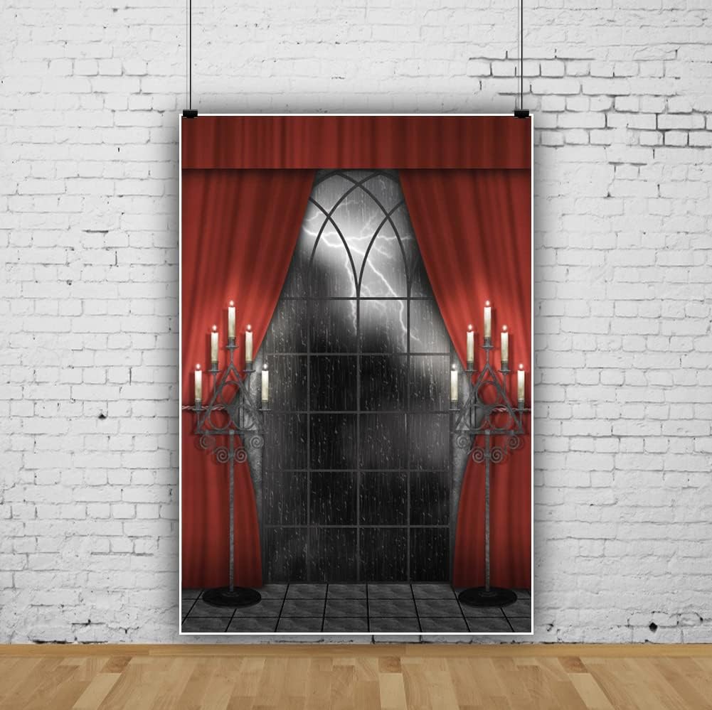 Renaiss 5x7ft Vintage Gothic Window Backdrop Red Curtain Candlestick Black Floor Lightning Stormy Sky Vampire Medieval Castle Photography Background Halloween Dress Up Party Decors Photo Booth Props