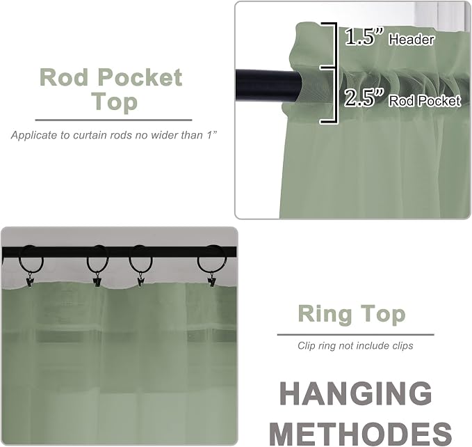 Sheer Curtains 84 Inches Long 2 Panels Set, Sage Green Sheer Curtain - Image 3