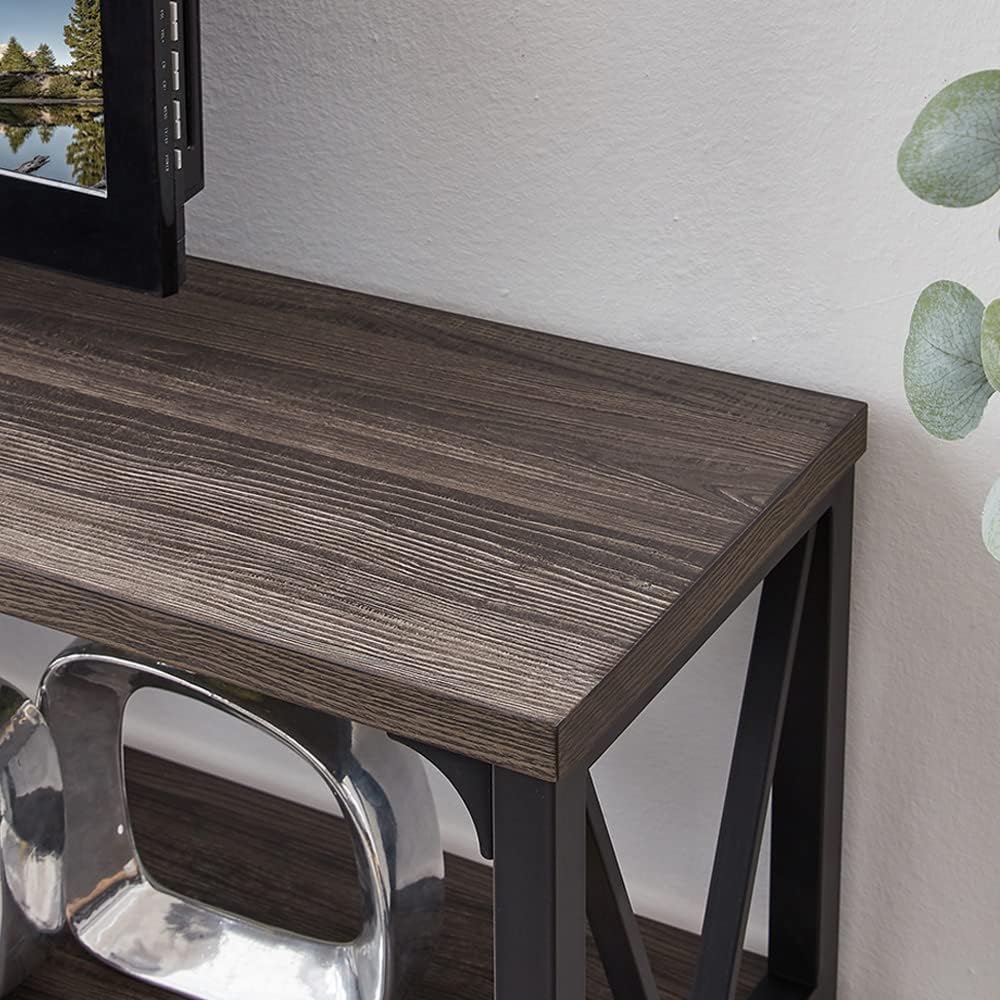 LVB Rustic Console Table, Industrial Modern Sofa Table Behind Couch, Long Metal Wood Entryway Table with Storage Shelf, Farmhouse Foyer Hallway Table for Home Living Room Bedroom, Dark Gray Oak, 63 in