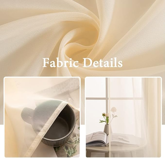 MIULEE Cream Beige Sheer Curtains 54 X 102 Inches, 2 Panels | Solid Color - Image 3