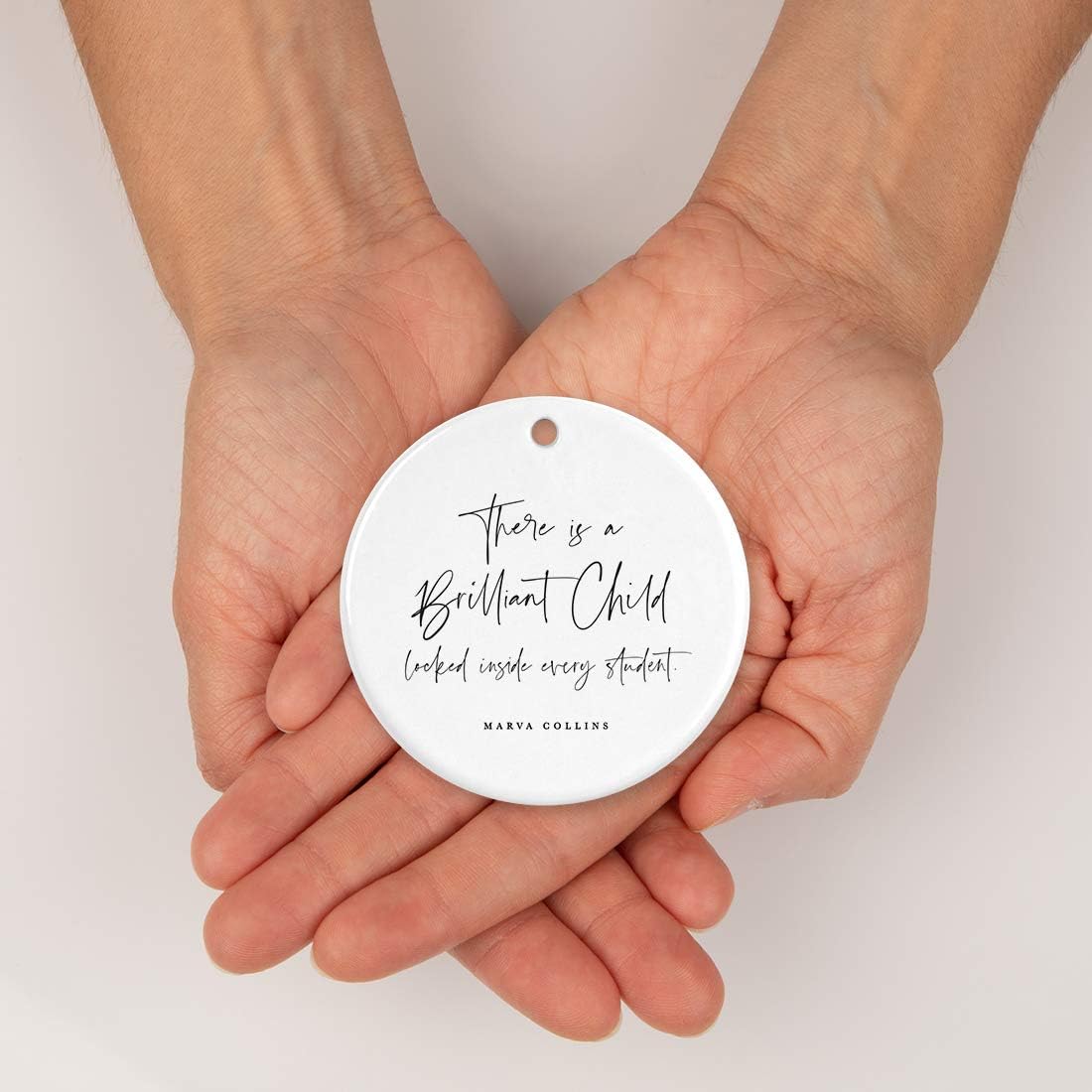 Andaz Press Round Ceramic Porcelain Christmas Tree Ornament for Teacher Thank You Appreciation Graduation Gift, There is A Brilliant Child Locked Inside Every Student. Marva Collins, 1-Pack