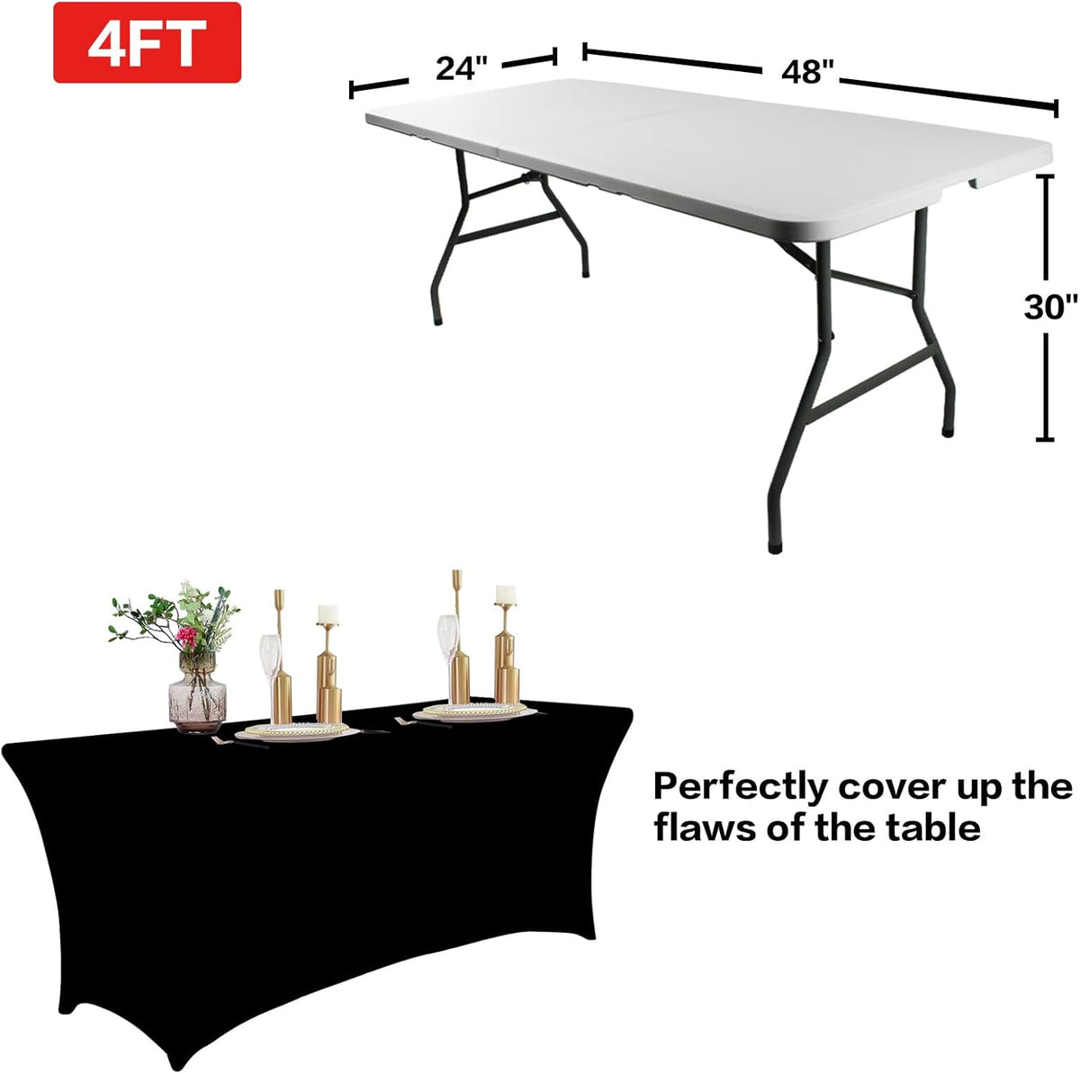 IVAPUPU 2 Pack 4FT Table Cloth for Rectangular Fitted Events Stretch Black Table Covers Washable Spandex Spring Tablecloth Protector for Party, Wedding, Cocktail, Banquet, Festival