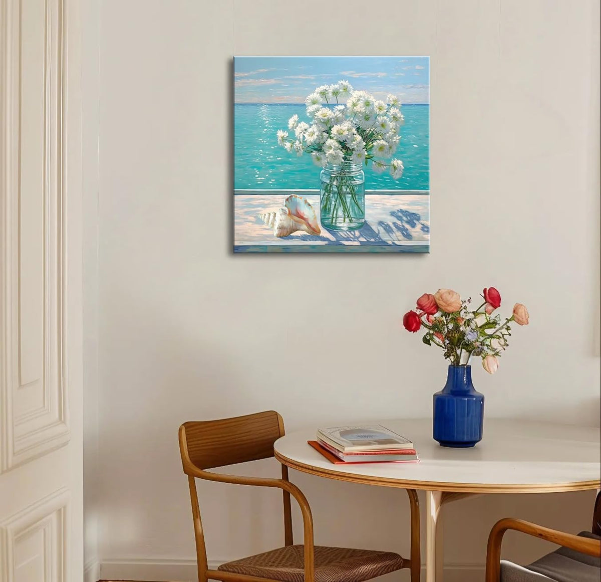 Bathroom Decor Ocean Daisy Flower Canvas Wall Art Coastal Nautical Seashell Seascape Framed Picture Ocean Theme Seascape Painting Artwork for Bedroom Home Decoration Square Blue 14x14"
