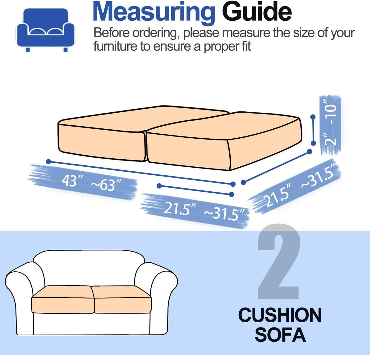 Couch Cushion Covers Individual Large Super Stretch Chenille (Softer Version) Sofa Cushion Covers, Couch Seat Covers Couch Slipcovers Furniture Protector (2PC, Khaki)