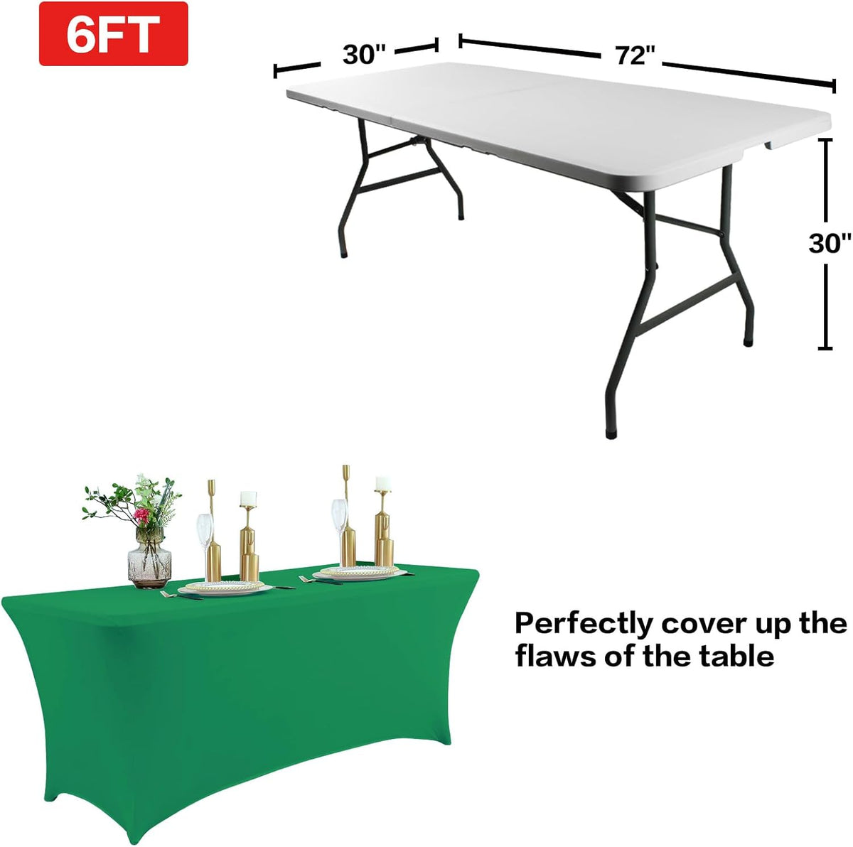 IVAPUPU 2 Pack 4FT Table Cloth for Rectangular Fitted Events Stretch Emerald Green Table Covers Washable Cover Spandex Tablecloth Protector for Party, Wedding, Cocktail, Banquet, Festival