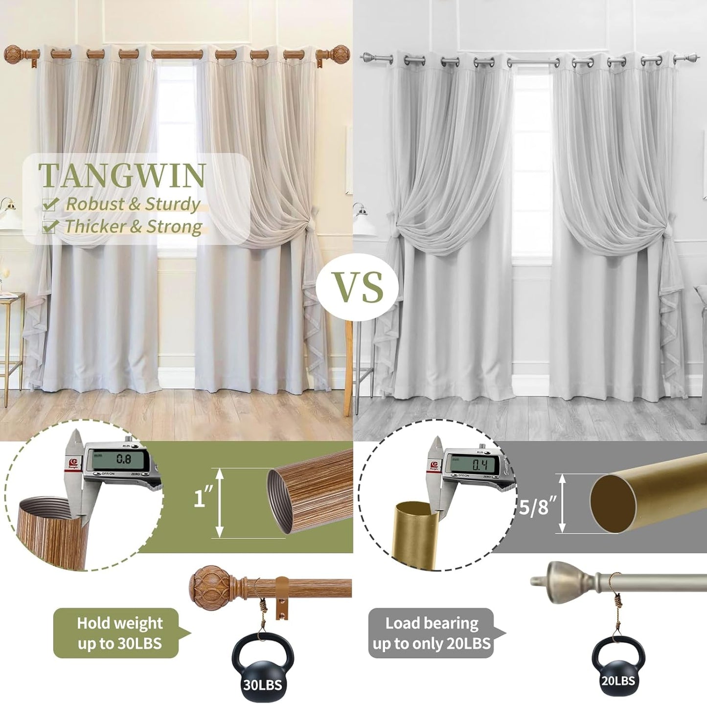 Wood Boho Curtain Rods for Windows:18-60Inch Wooden Farmhouse Curtain Rod for Bedroom Living Room,Heavy Duty Adjustable Rustic Decorative Drapery Rods with Vintage Imitation Wood Finial,Brown