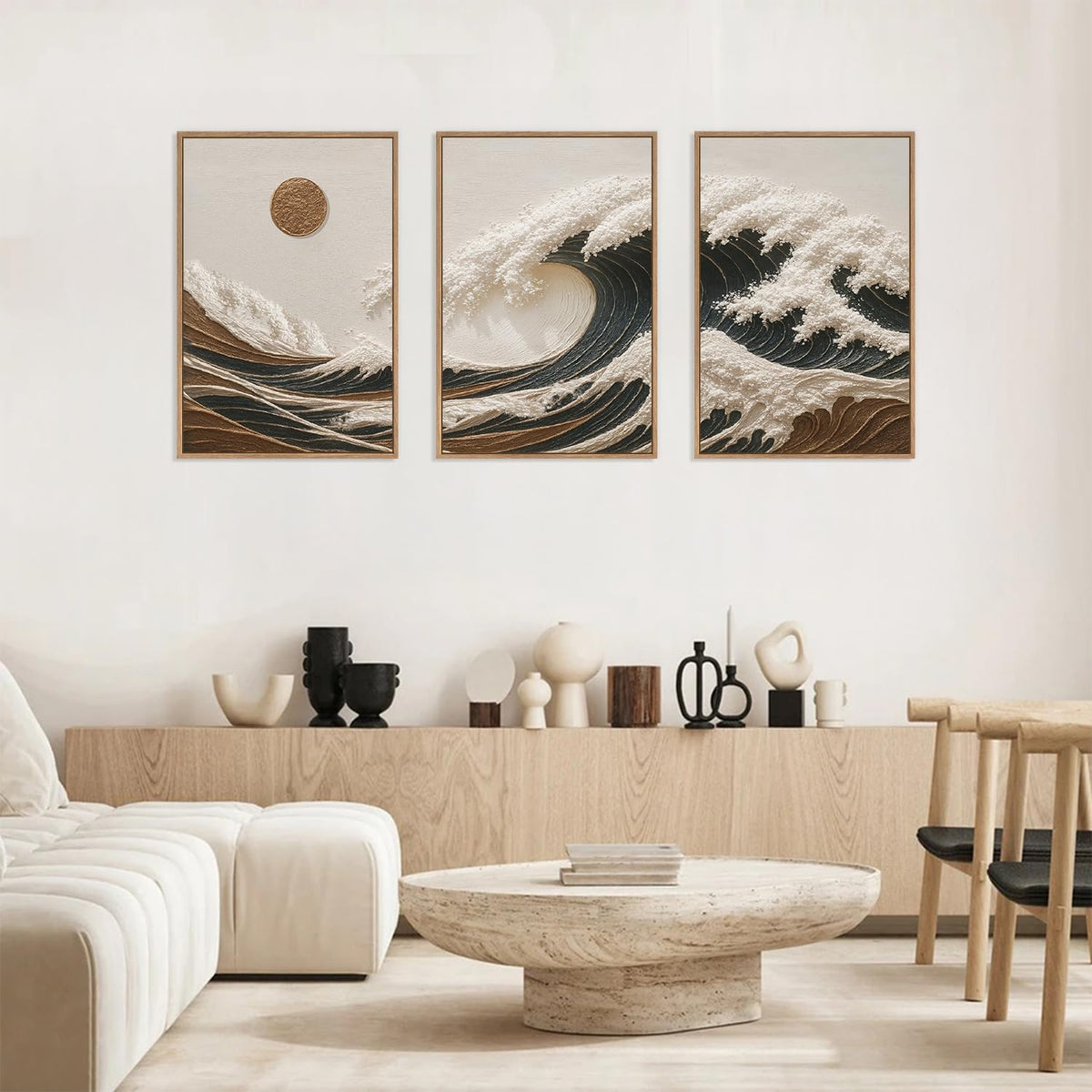 HLNIUC Sea Wave Framed Canvas Wall Art,Abstract Sun Seascape Wall Decor Set of 3(16”x24”) Large Modern Ocean Beach Art Print,Great Wave Sunset Pictures Canvas Famed Painting for Living Room,Bedroom